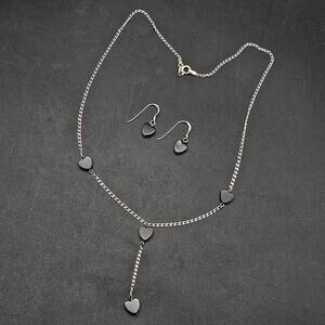 Sterling Silver Black Obsidian Heart Necklace Earrings Set GSJ 925